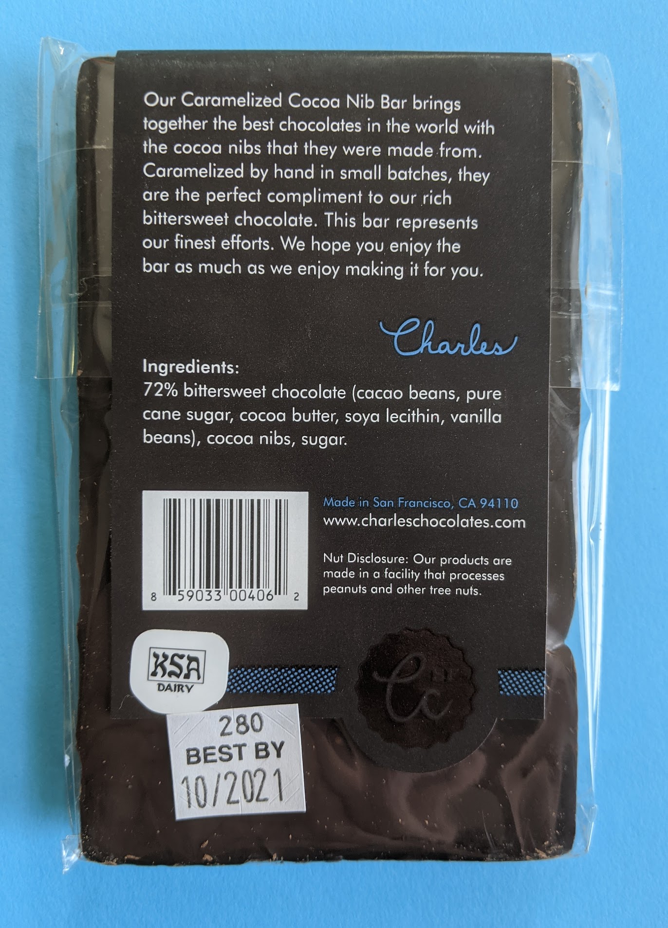 72% charles chocolate cococa nibs bar