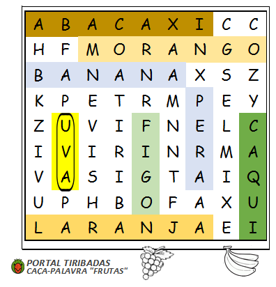 Resposta Caça-Palavras Pedagógico, tema Frutas