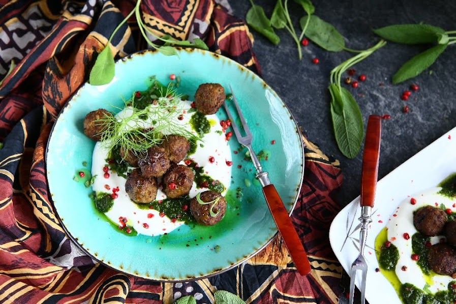 Spicy Lamb Meatballs with Greek Yoghurt and Mint Raisin Pesto