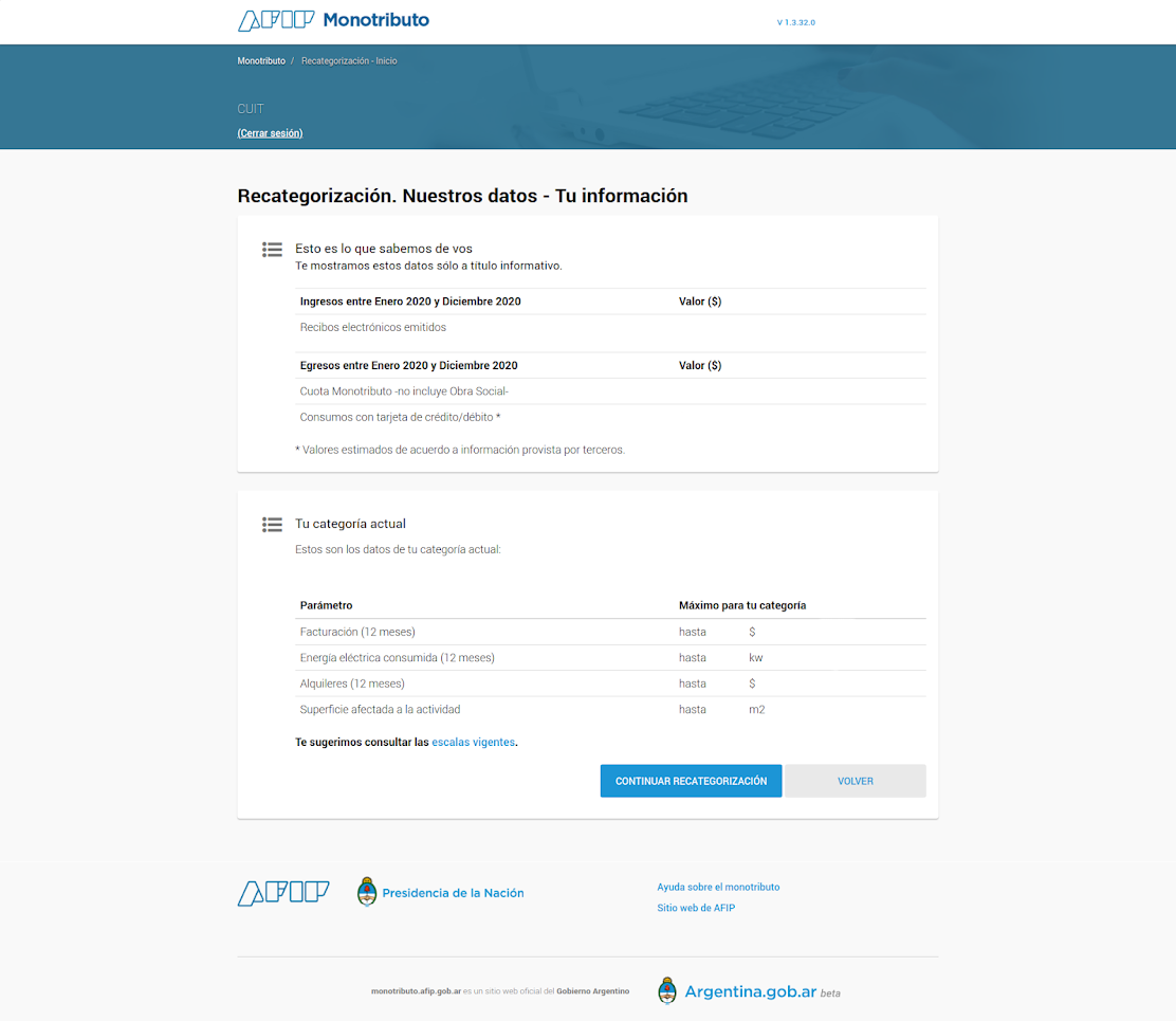 Datos AFIP y categoría actual