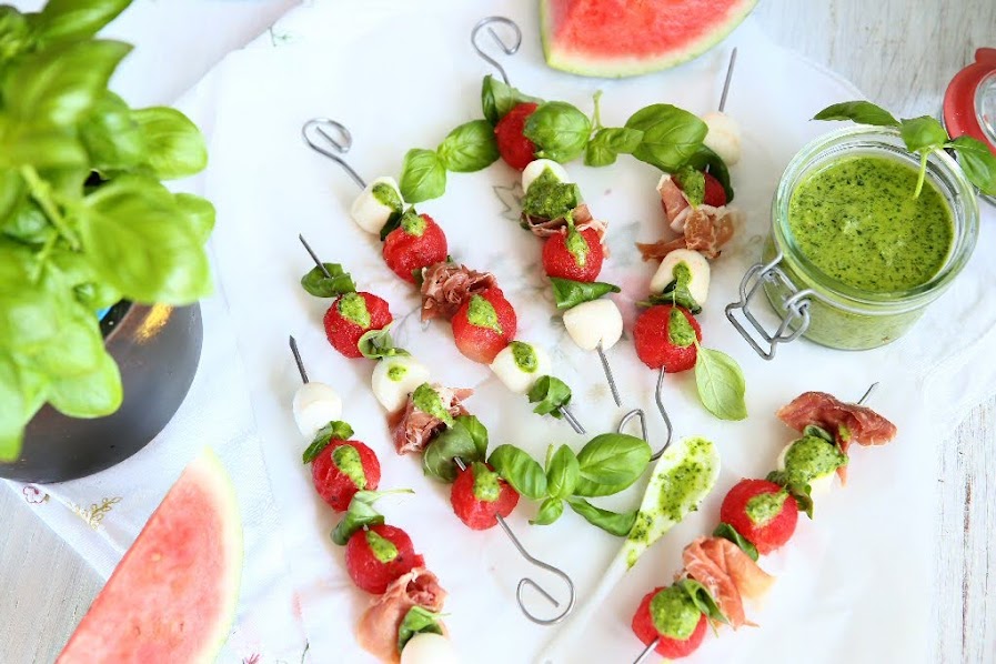 Watermelon Caprese Skewers with Basil Vinaigrette