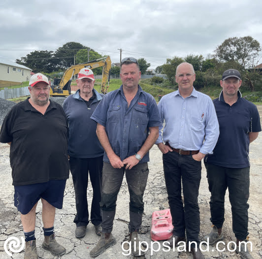 Fish Creek FNC committee member Darren McAinch, life member Lou Seuren, co-president Nick Shaw, Danny O'Brien and co-president Ray Stefani at the site of the former club rooms