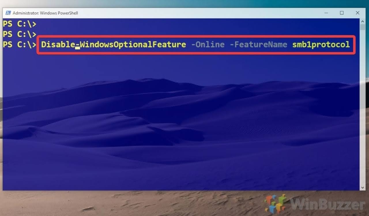 To remove SMB1 completely from your device, type the following command and press Enter: Disable-WindowsOptionalFeature -Online -FeatureName smb1protocol