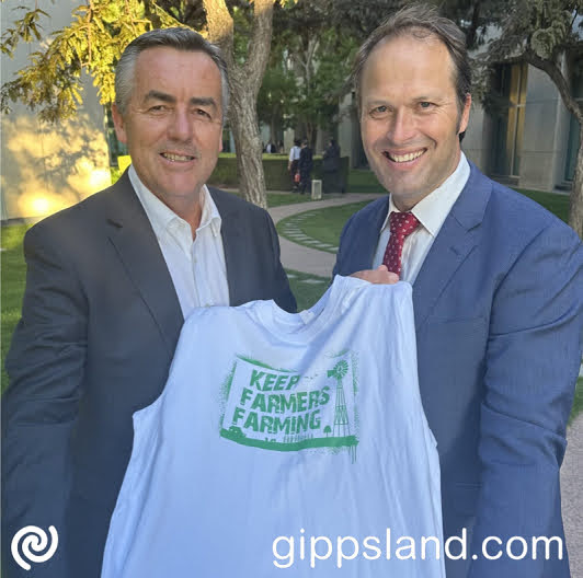 Darren Chester together with NFF President David Jochinke stand behind the National Farmers' Federation (NFF) as they spearhead their most extensive protest campaign in four decades