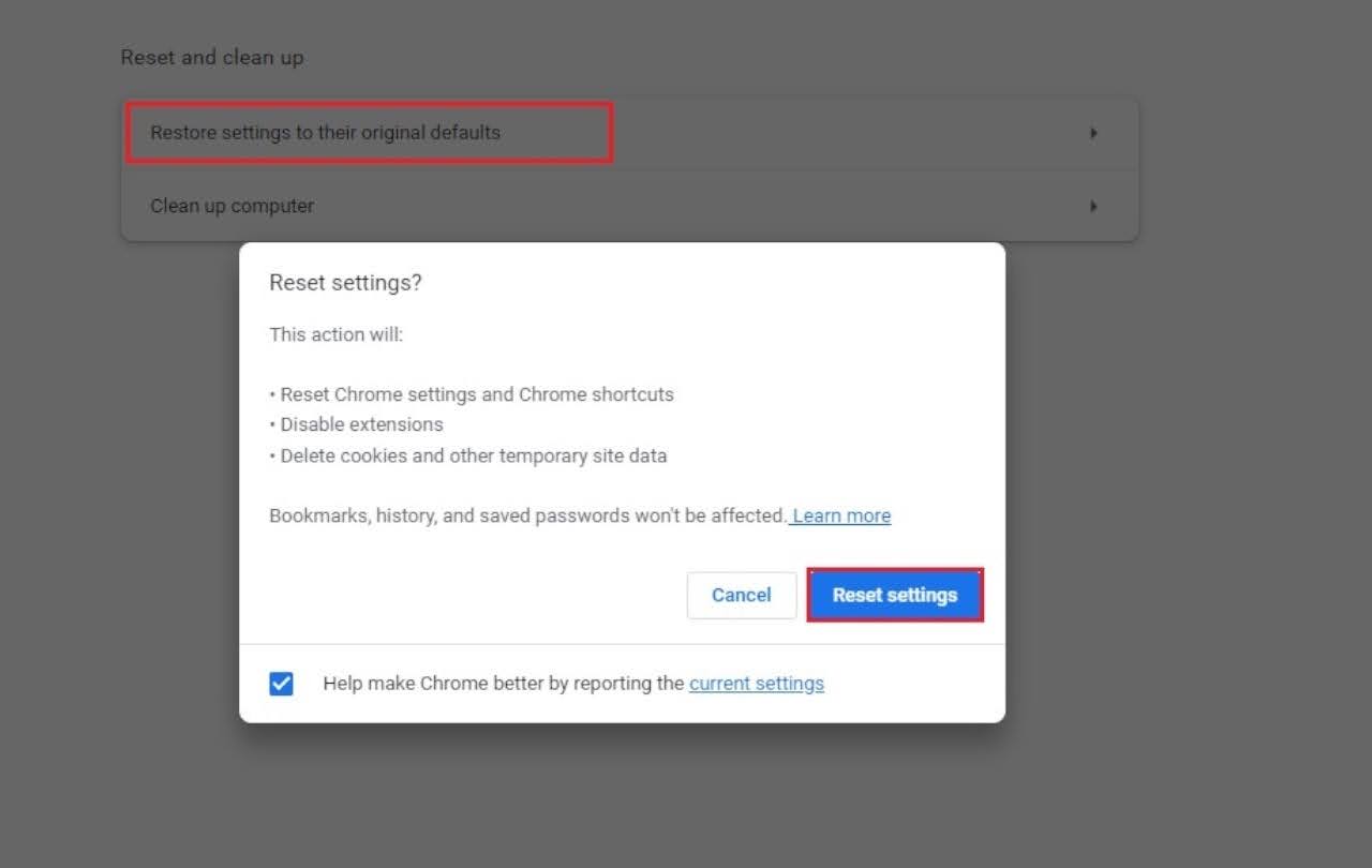 A confirmation dialog will appear. Click on "Reset settings" to confirm.
