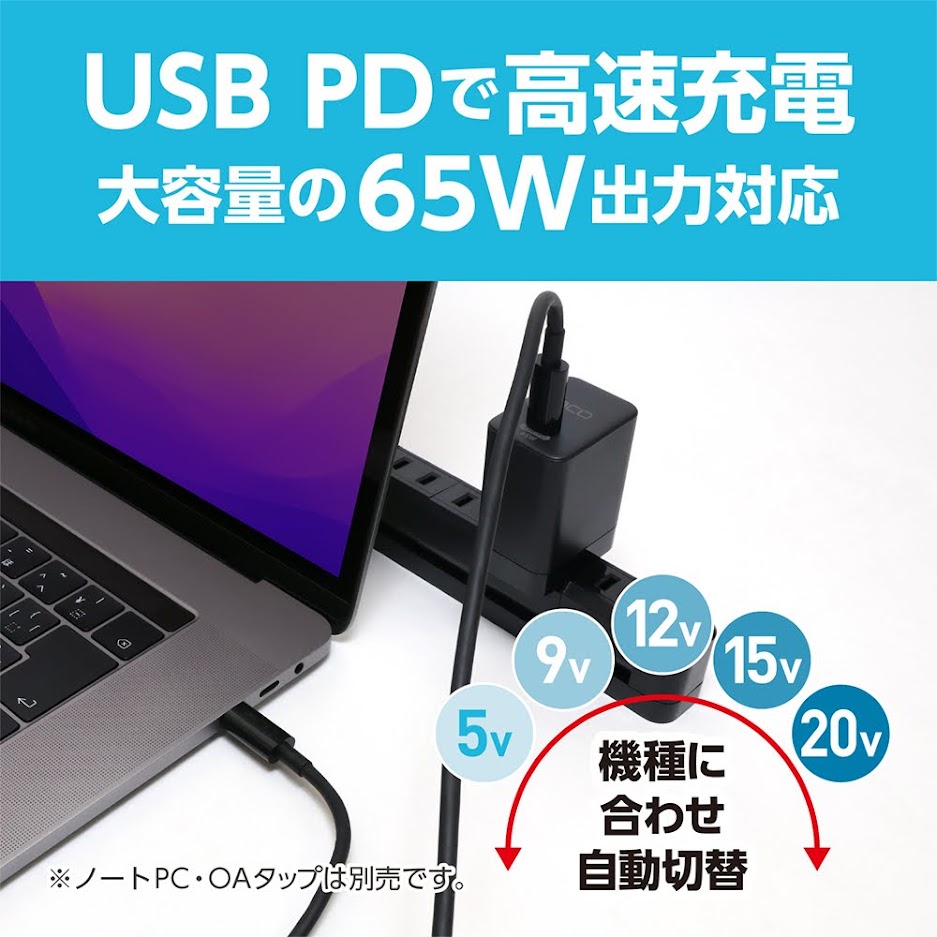 USB PD対応 GaN USB-AC アダプタ 65W Type-C ケーブル付 (IPA-CS03)