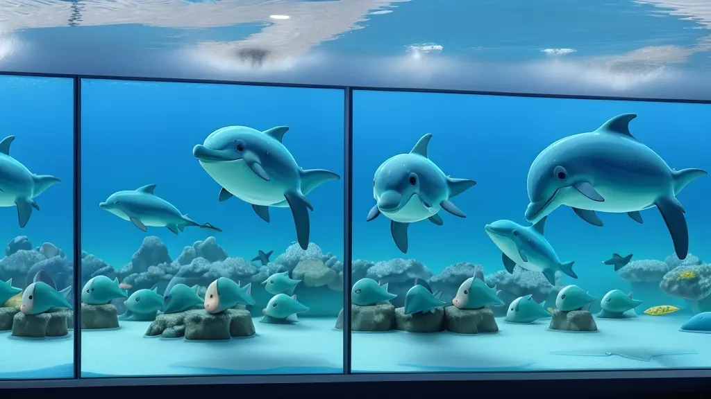 Monitors showing dolphins are lined up everywhere