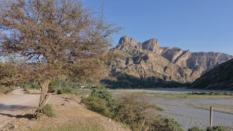 Rock formation over Tavildara in the evening light.