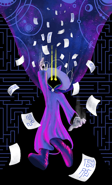 Digital drawing of a character named Epoch falling through a dark void. They're wearing a wizard hat, robes, and boots, all in blue, and have damaged gauntlets on their hands. Their outfit conceals their entire body, and their face is entirely in shadow save for their glowing yellow eyes. A length of chain is affixed to their hat at various points. Papers that would normally be attatched to their hat by this chain are flying everywhere, and Epoch is grasping at them.