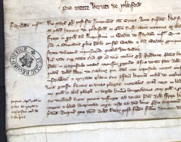 Um Crononers' Roll registrando a morte de Hervey de Playford de Londres em 1315 ou 16.