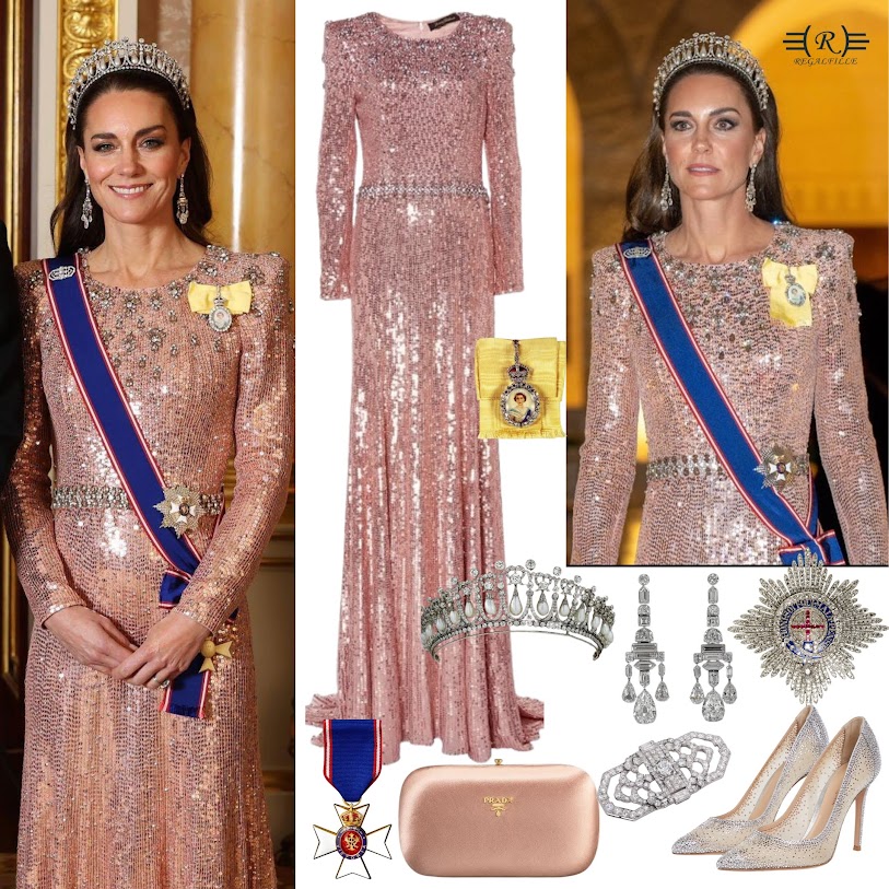 Princess Kate wore a Jenny Packham gown, Queen Mary’s Lover’s Knot tiara, Queen’s Greville earrings, Prada bag, Gianvito Rossi pumps, Bentley and Skinner Brooch,Royal Victorian order, Sash and Star at the 2023 Diplomatic Reception. More details on Regalfille. 