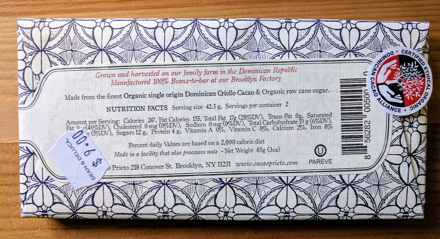 72% cacao prieto bar back