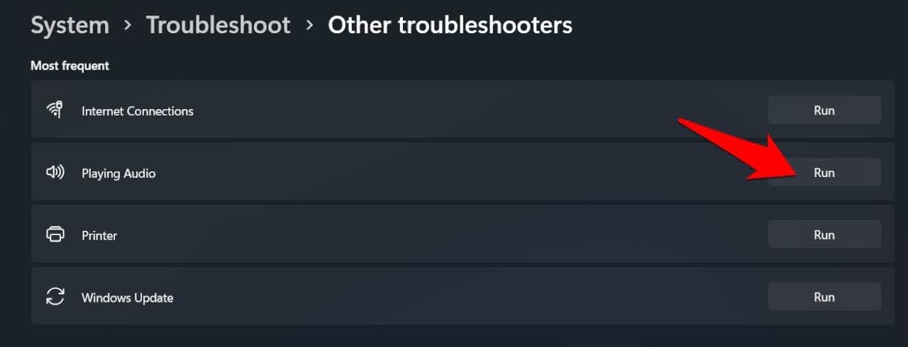 Click on Other troubleshooters and then click on Run next to Playing Audio troubleshooter.