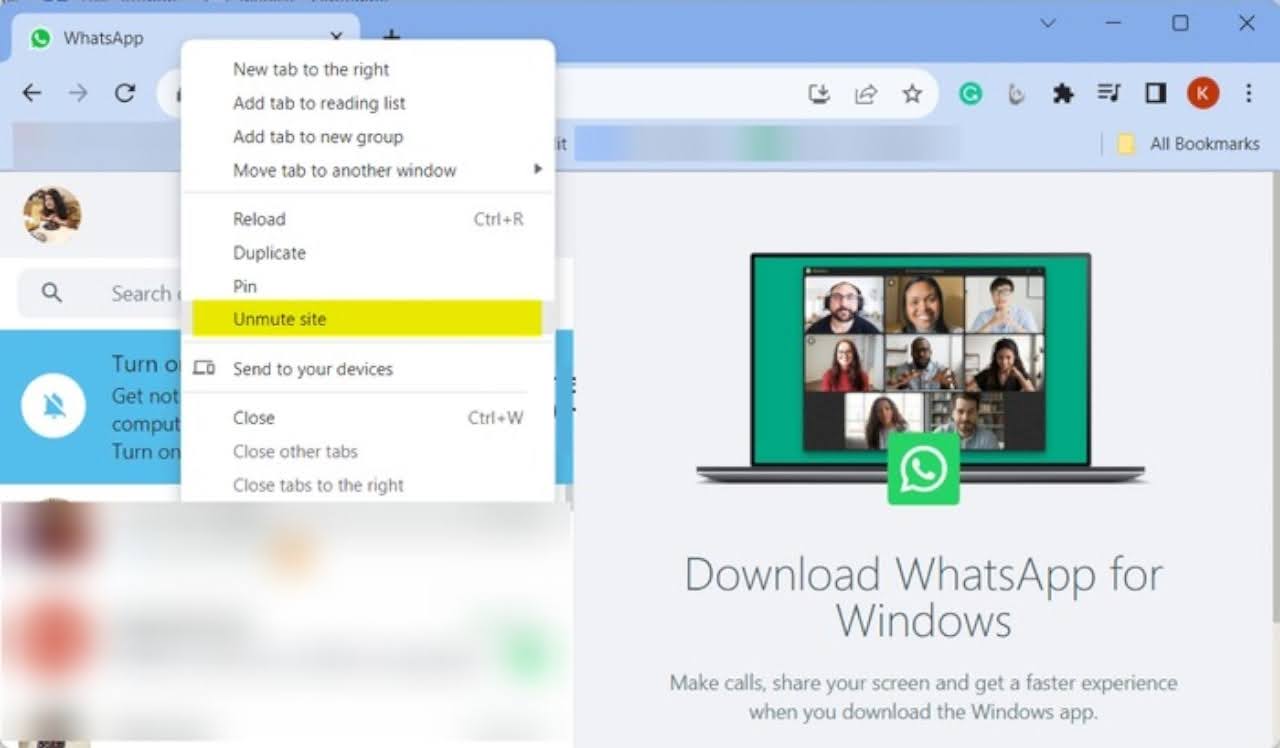 Right-click on the WhatsApp Web tab and look for the "Unmute site" option in the context menu.