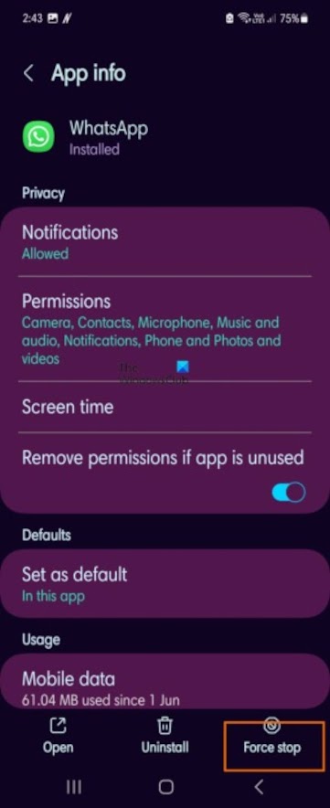 On the App info page, tap the "Force stop" button located in the lower right corner.