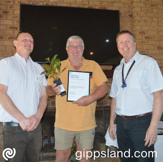 CRC volunteer Jim Stevenson is presented with his Certificate of Appreciation by Mayor Cr Tom Crook and CEO Anthony Basford