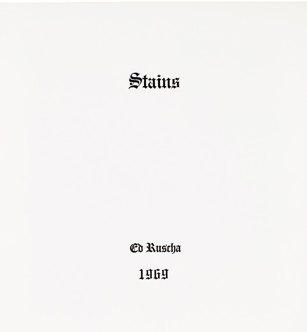 Ed Ruscha, Stains (title page), Heavy Industry Publications, Hollywood, 1969