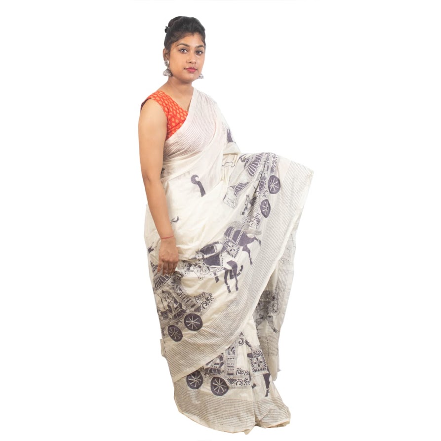 Beautiful Blended Bangalore Silk Kanthastich Mahabharat Design Work Saree with Blouse Piece