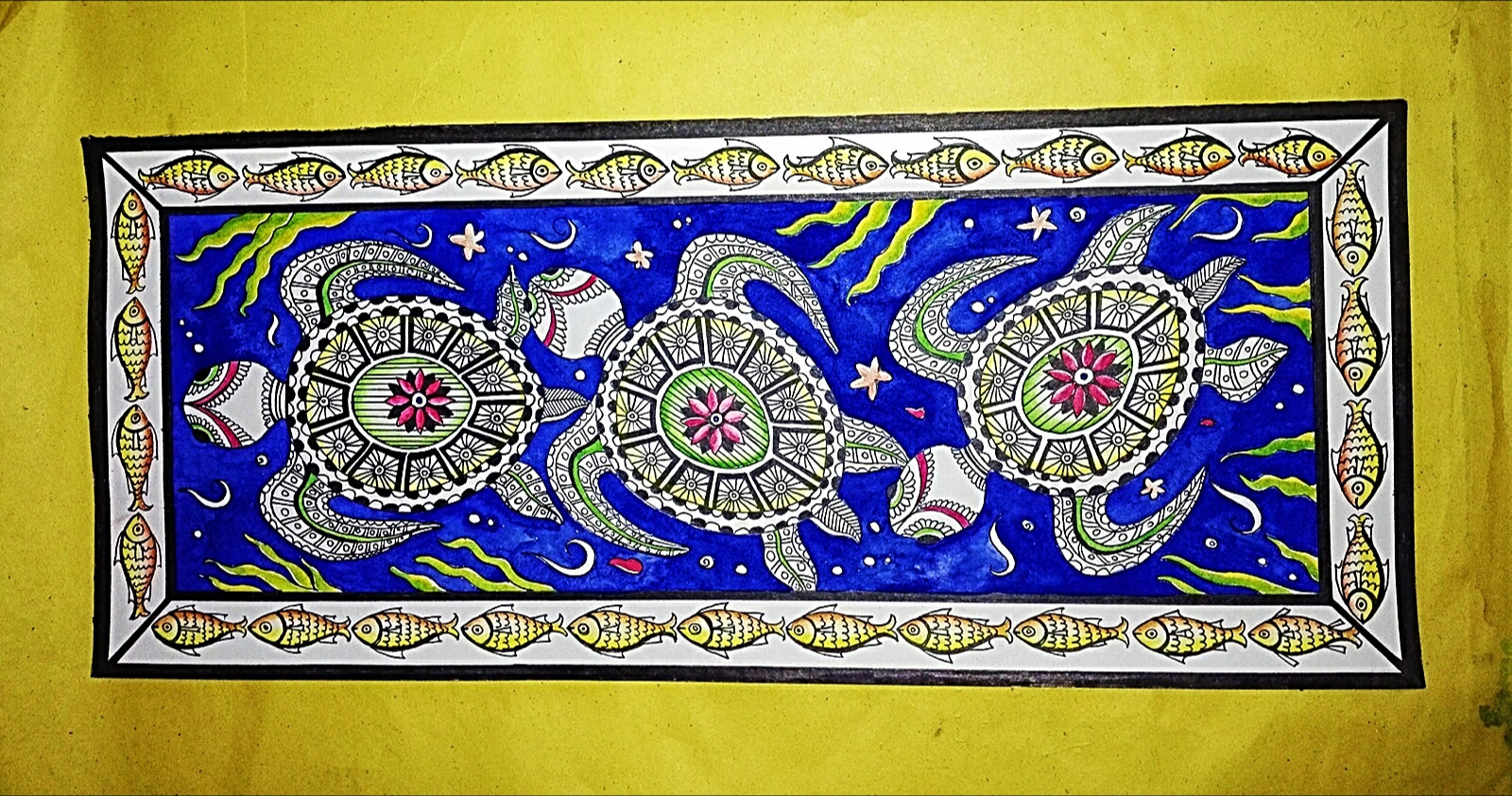 Handpainted Turtles in Madhubani Painting on Canvas with Glass Framed