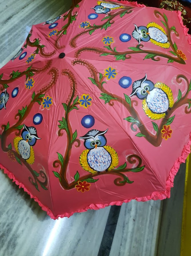 Beautiful 3 Fold Acrylic Folk Owl Painting Umbrella with Lace (Washable)