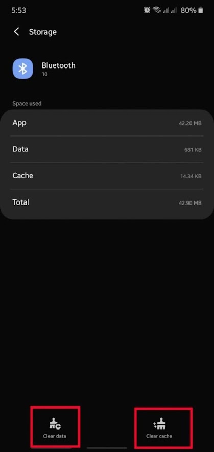 Inside the Bluetooth settings, you'll find the "Storage" option. Tap on it. Look for the "Clear Cache" button and tap it to clear the Bluetooth cache. Follow by "Clear data" button to clear the Bluetooth data.