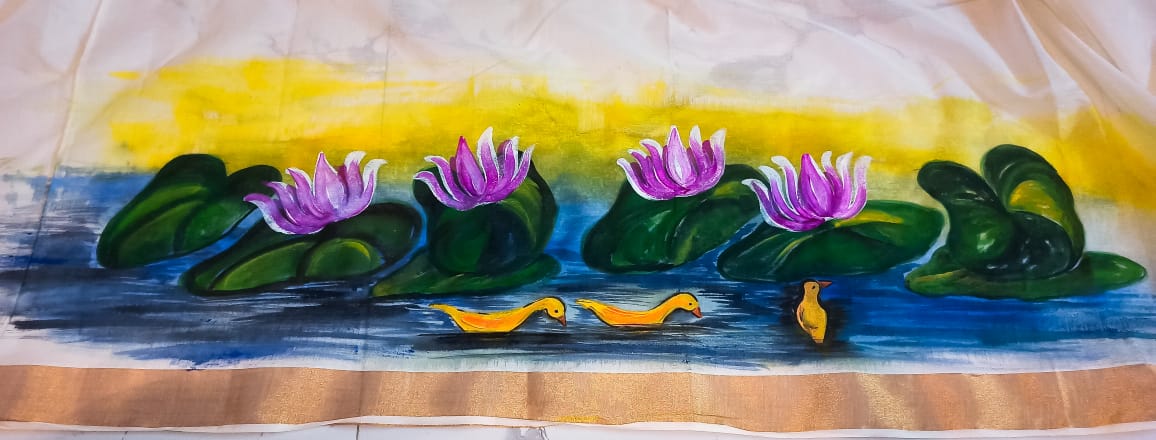 Handpainted Lotus Design Painting Cotton Saree