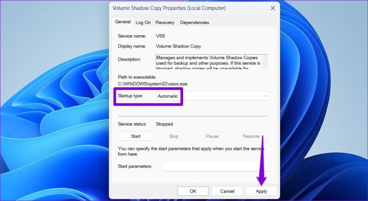 Similarly, locate the 'Volume Shadow Copy' service and change its startup type to "Automatic."