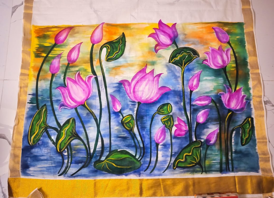 Handpainted Lotus Design Painting Cotton Saree