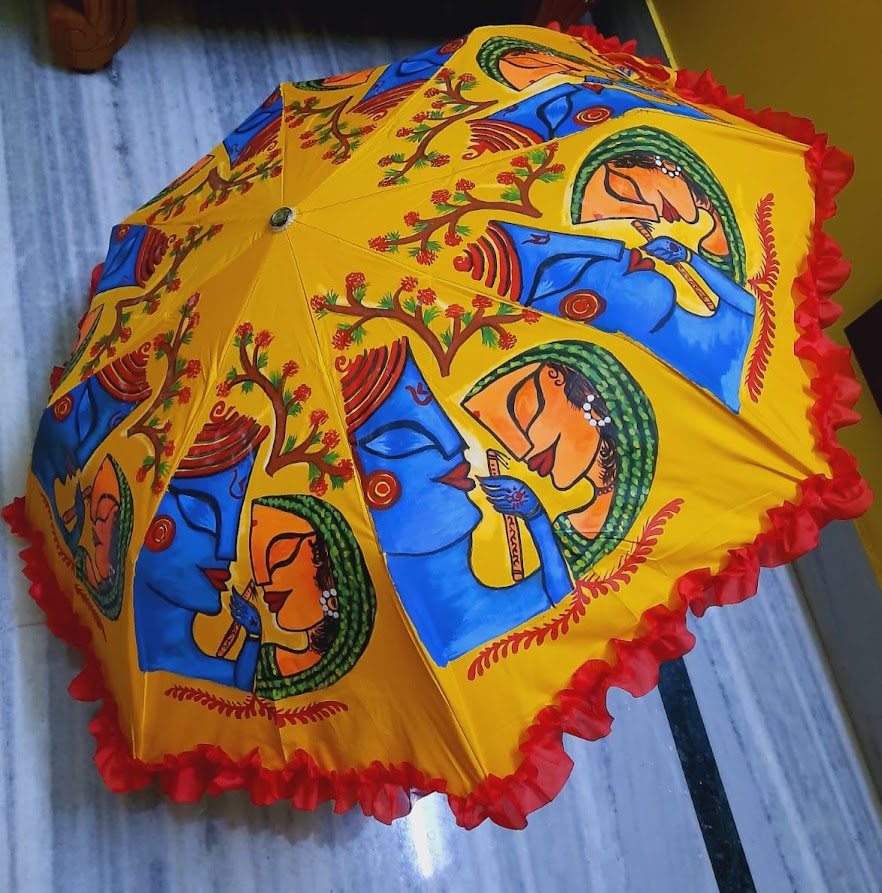 Beautiful 3 Fold Acrylic Radhe Krishna Painting Umbrella with Lace (washable)
