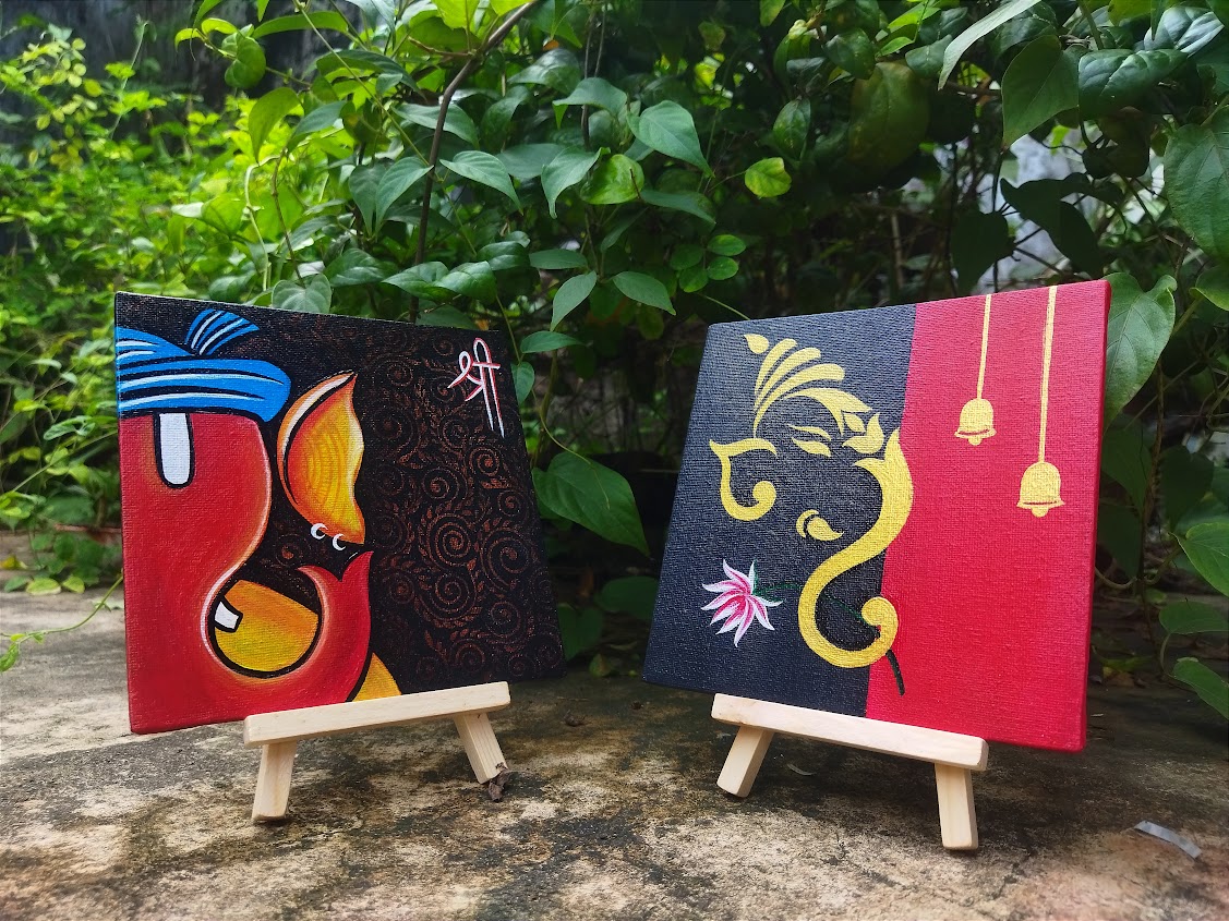 Handpainted Ganesha Acrylic Painting on Canvas with Wooden Easel Stand( Set of 1)