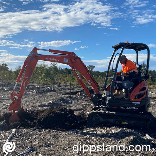 The images show Mat Strong, Operations and Maintenance team member carefully locating the irrigation systems using the new excavator to scrape away the top layers of soil