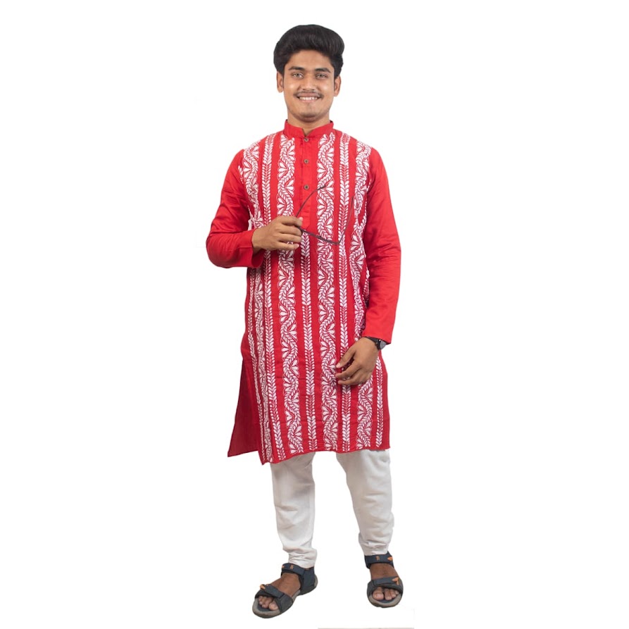 Sartin Pure Cotton Kanthastich Man Panjabi (Red)