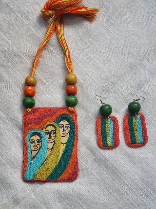 Handpainted with Jute Design Fevicryl Mouldit Clay Jewelry Necklace with Earrings (Adjustable Dori)