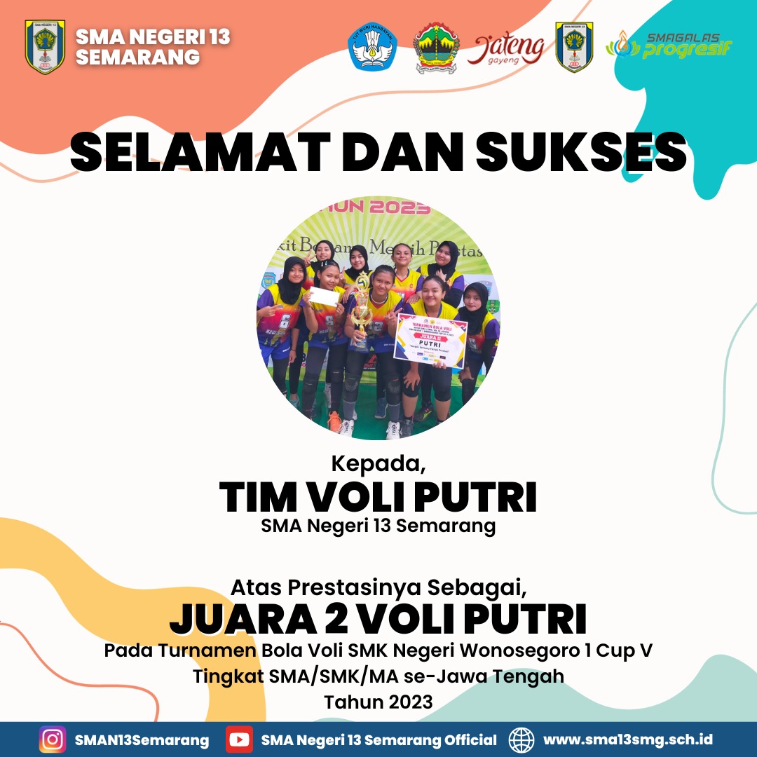 Tim Voli Putri SMAN 13 Semarang Juara 2 Turnamen Bola Voli SMKN 1 Wongsonegoro Cup V Tingkat SMA/SMK/MA Se Jawa Tengah 2023