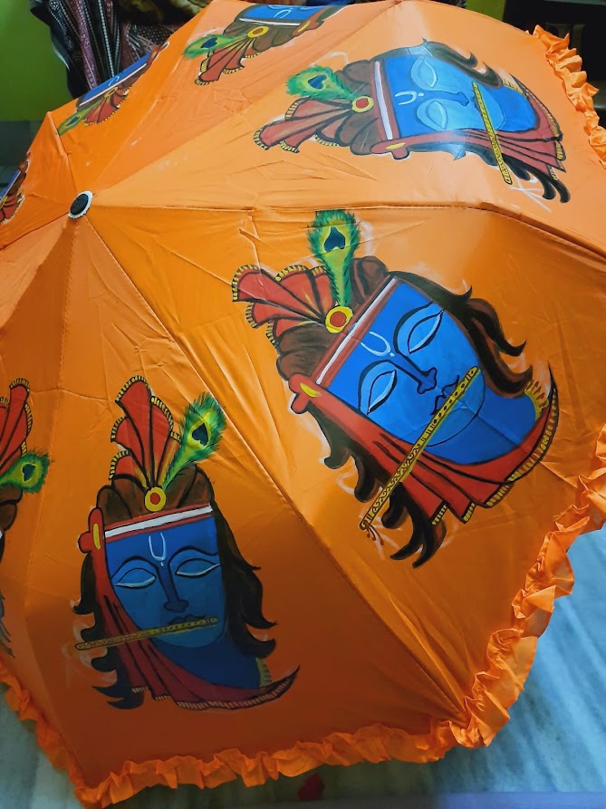 Beautiful 3 Fold Acrylic Krishna Painting Umbrella with Lace (washable)