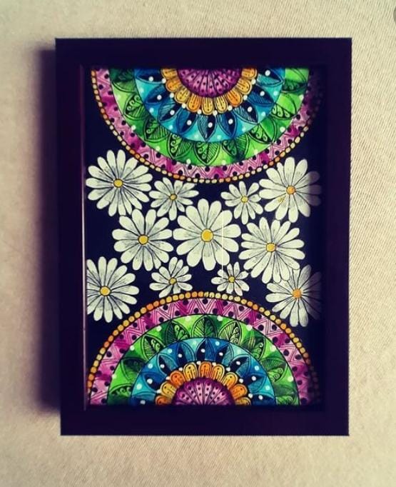 Handpainted Mandala Floral Artwork for Wall Hanging (With Wooden Frame)