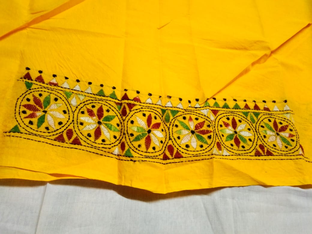 Beautiful Kantha Stitch Yellow Colour Blouse Piece