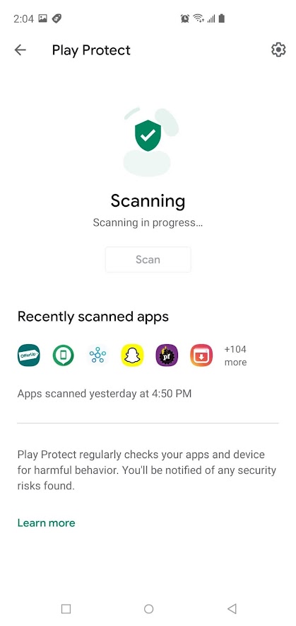 Make sure the switch next to Scan apps with Play Protect is turned on.