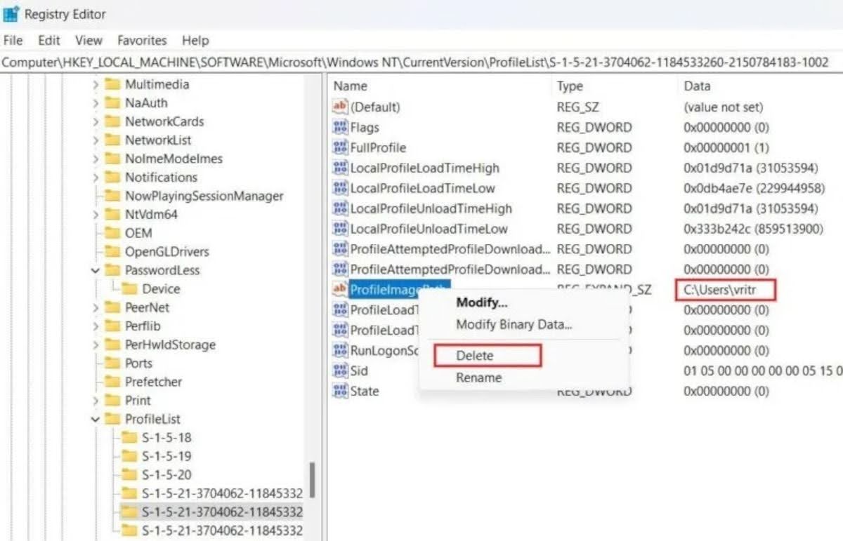 When you've found the right one, right-click on the "ProfileImagePath" key related to the user profile you want to get rid of. Then, choose "Delete."