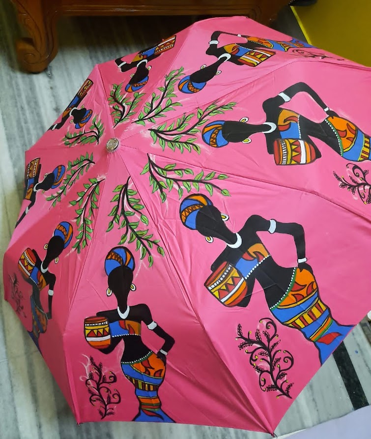 Beautiful 3 fold Acrylic African Art Painting Umbrella (Washable)