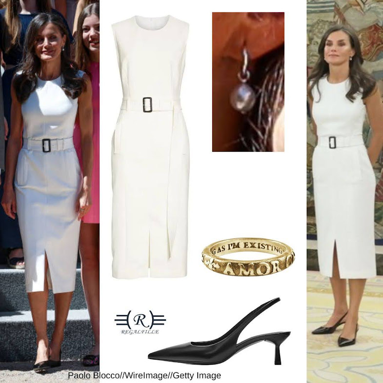 Queen Letizia of Spain wore Hugo Boss Dadoria Sheath Dress, Pearl Hoops, Massimo Dutti Leather Slingback Pumps and Coreterno Amor Che Tutto Move Ring for UWC Atlantic College meeting