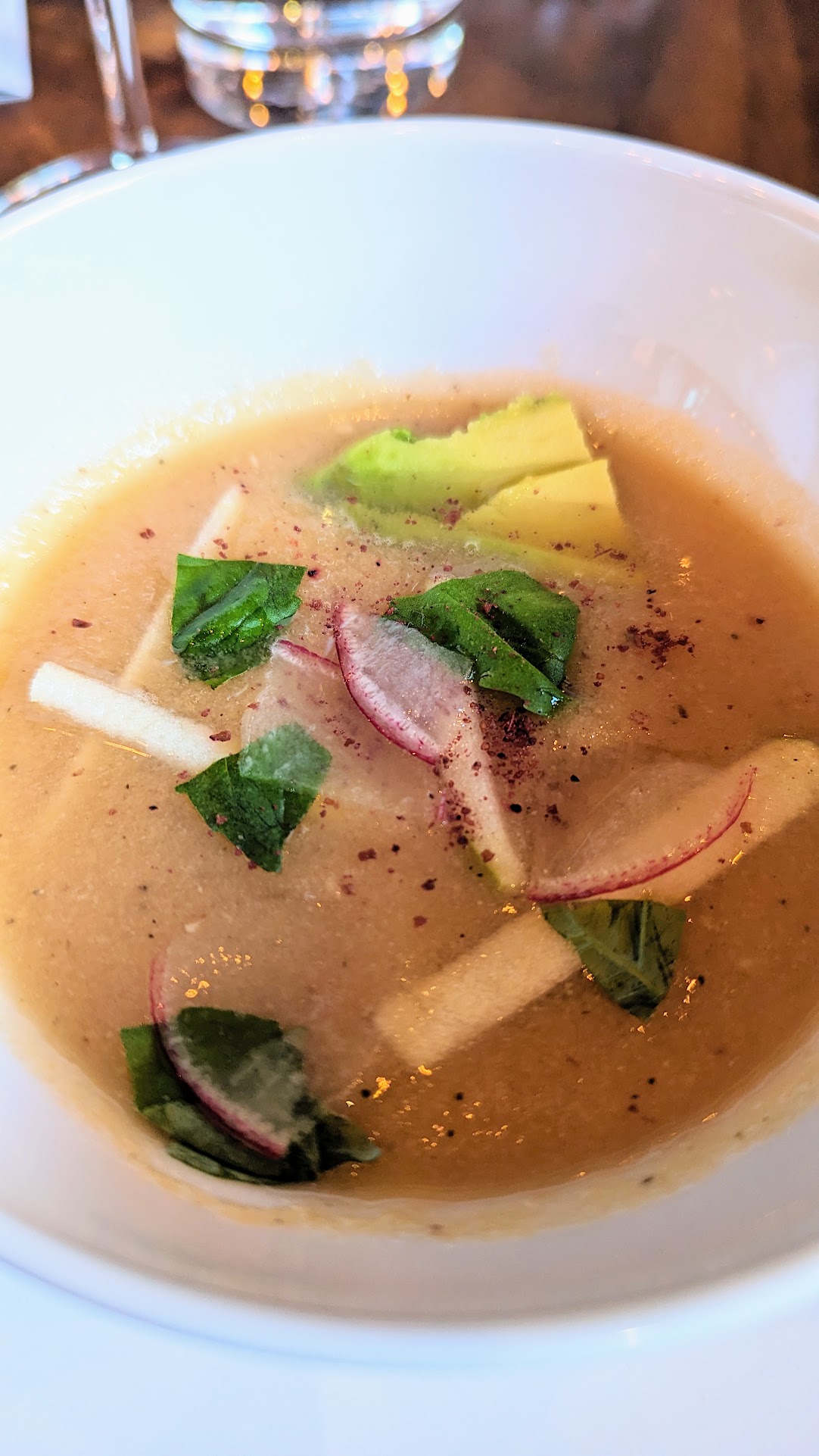 Fullerton Wine Pairing Dinner Seasonal Vegetable Gazpacho, Cucumber, Tomato, Red Onion, Peach, Croutons