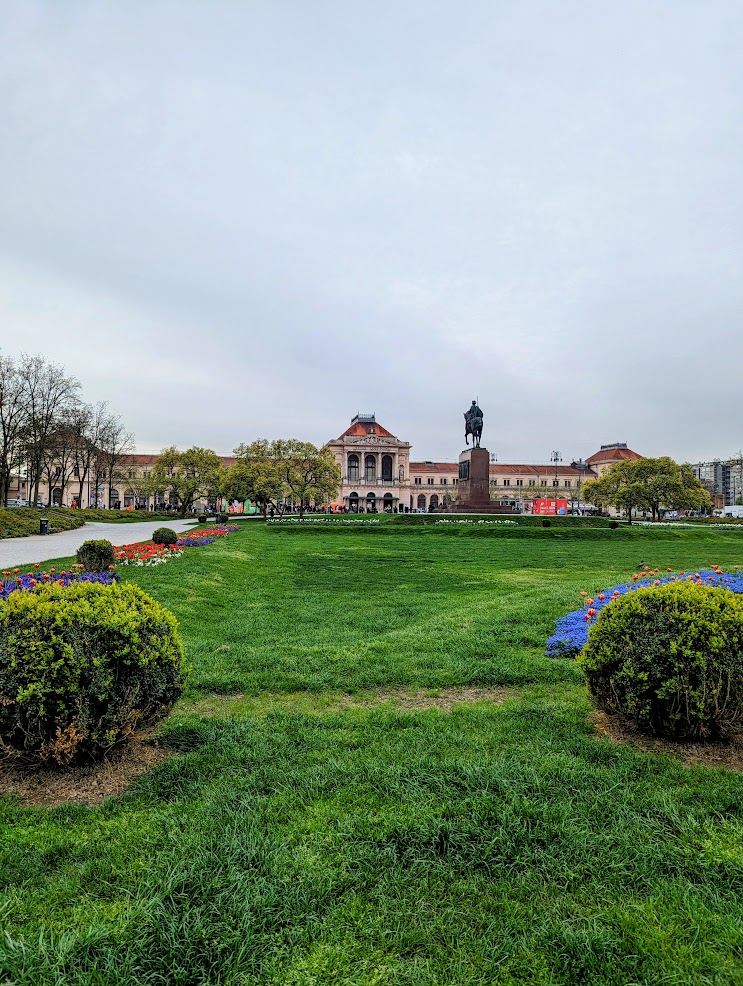 Outside of Zagreb Station, very beautiful edifice, very grand with a nice park out front