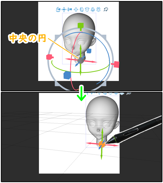 クリスタ3D頭部モデルのマニピュレータ（中央の円）