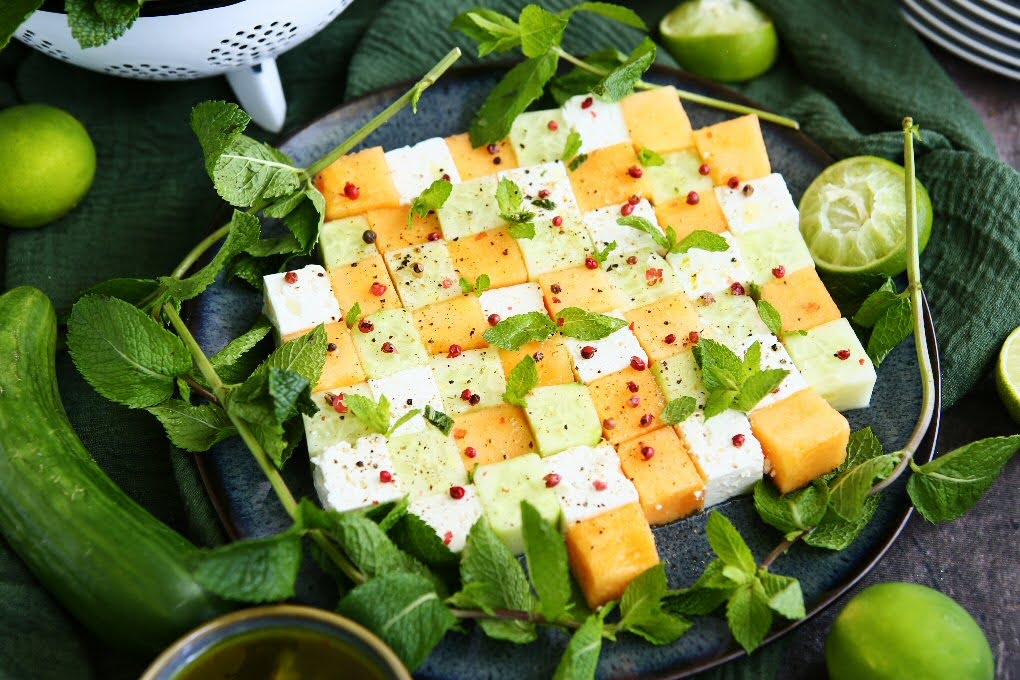 Checkerboard Salad with Cantaloupe, Cucumber and Feta