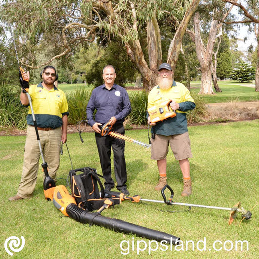 Wellington Shire Council Mayor Ian Bye with Tony and Thomas from the Sale Botanic Gardens crew