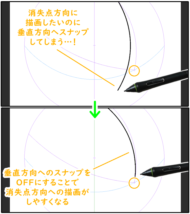 クリスタ魚眼パース定規のスナップON・OFFによる描画調整