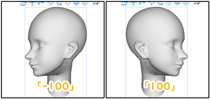 クリスタ3D頭部モデル「顔の向き」（左右）の-100と100