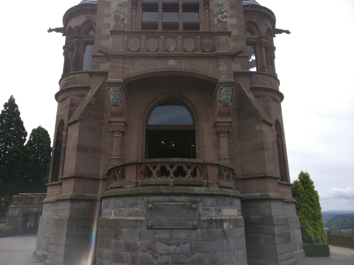 An outside view of a castle window