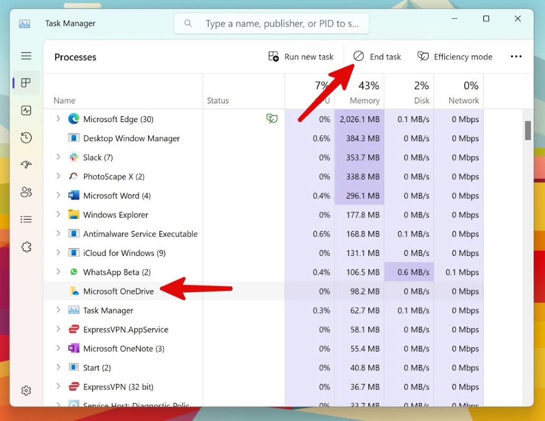 Find "OneDrive.exe" in the list and click on it. Click on the "End Task" button.